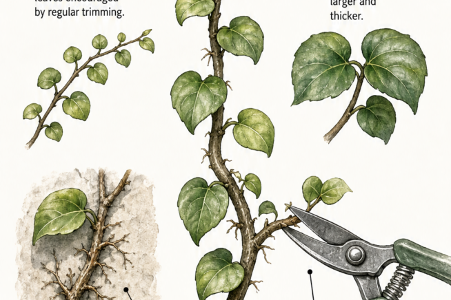 Botanical illustration detailing creeping fig growth, showing juvenile versus mature foliage, adhesive tendrils, and pruning techniques.