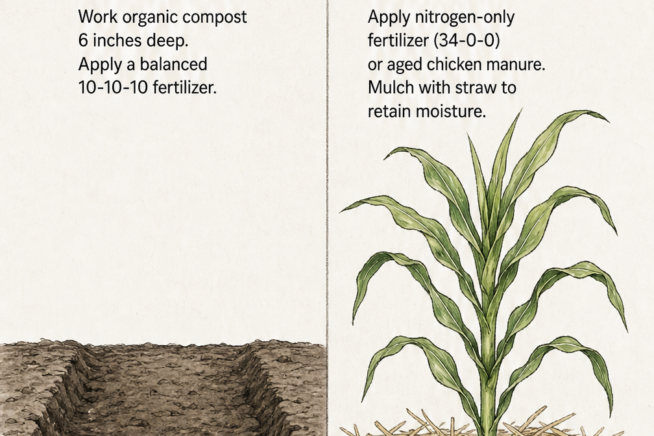 Illustration showing the two main stages for fertilizing corn: pre-planting with compost and balanced fertilizer, and the knee-high stage with nitrogen and...