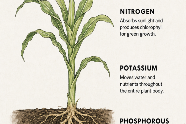 Cross-section of a young corn plant showing how nitrogen fuels leaf growth, potassium supports the stalk, and phosphorous builds a strong root system.