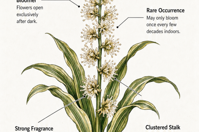 Botanical illustration of a blooming corn plant showing the central stalk and flower clusters