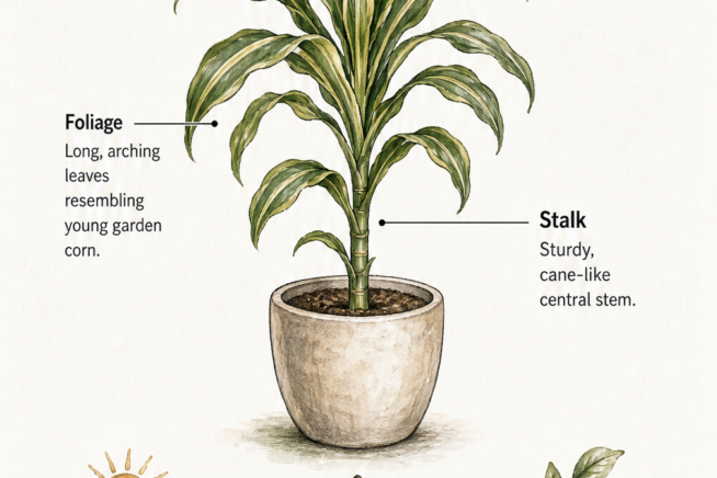 Illustration of a potted corn plant with a matrix showing light, soil, and feeding requirements