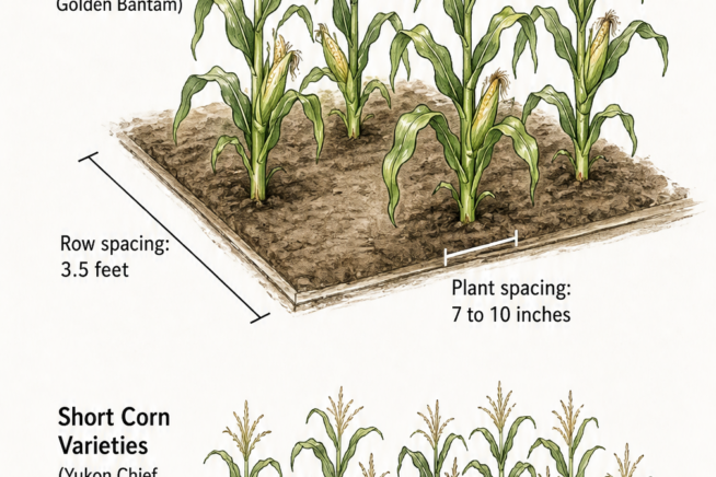 Illustration showing proper plant and row spacing for tall and short corn varieties in a garden bed.