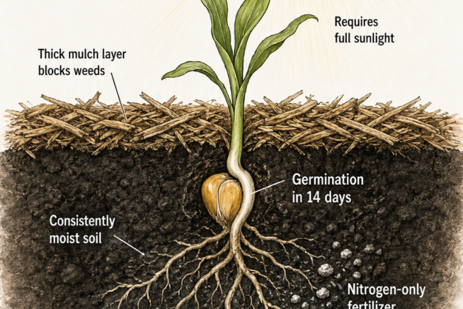 Botanical cross-section showing a sprouting corn seed with roots in moist soil, a thick mulch layer on top, and sunlight hitting the green shoot.