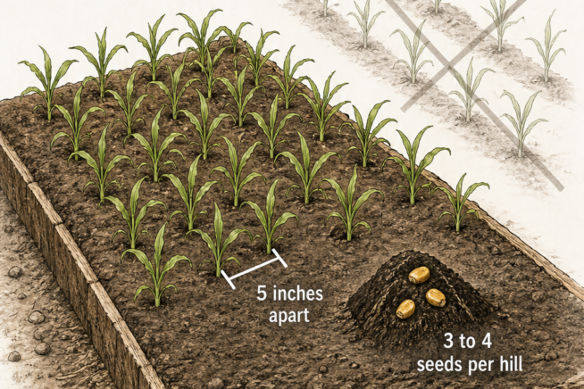 Illustration comparing block planting of corn seeds in a square bed with single row planting, showing seeds spaced 5 inches apart and 3 to 4 seeds per hill in...