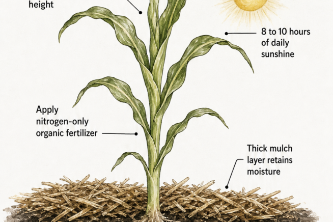 Detailed illustration of a healthy corn seedling showing sunlight, fertilizer, mulch, and watering needs