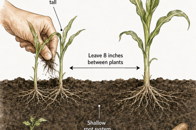 Illustration showing proper corn seedling spacing, thinning process, and shallow root system care