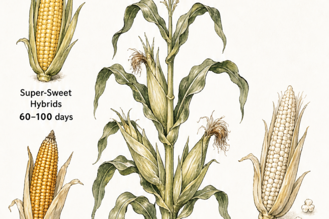 Botanical illustration showing sweet corn, field corn, and popcorn with their respective days to maturity.