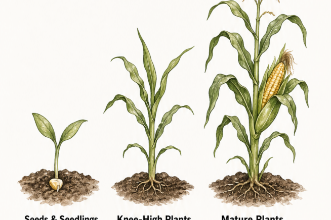 Botanical illustration showing the three growth stages of a corn plant and their specific watering needs.
