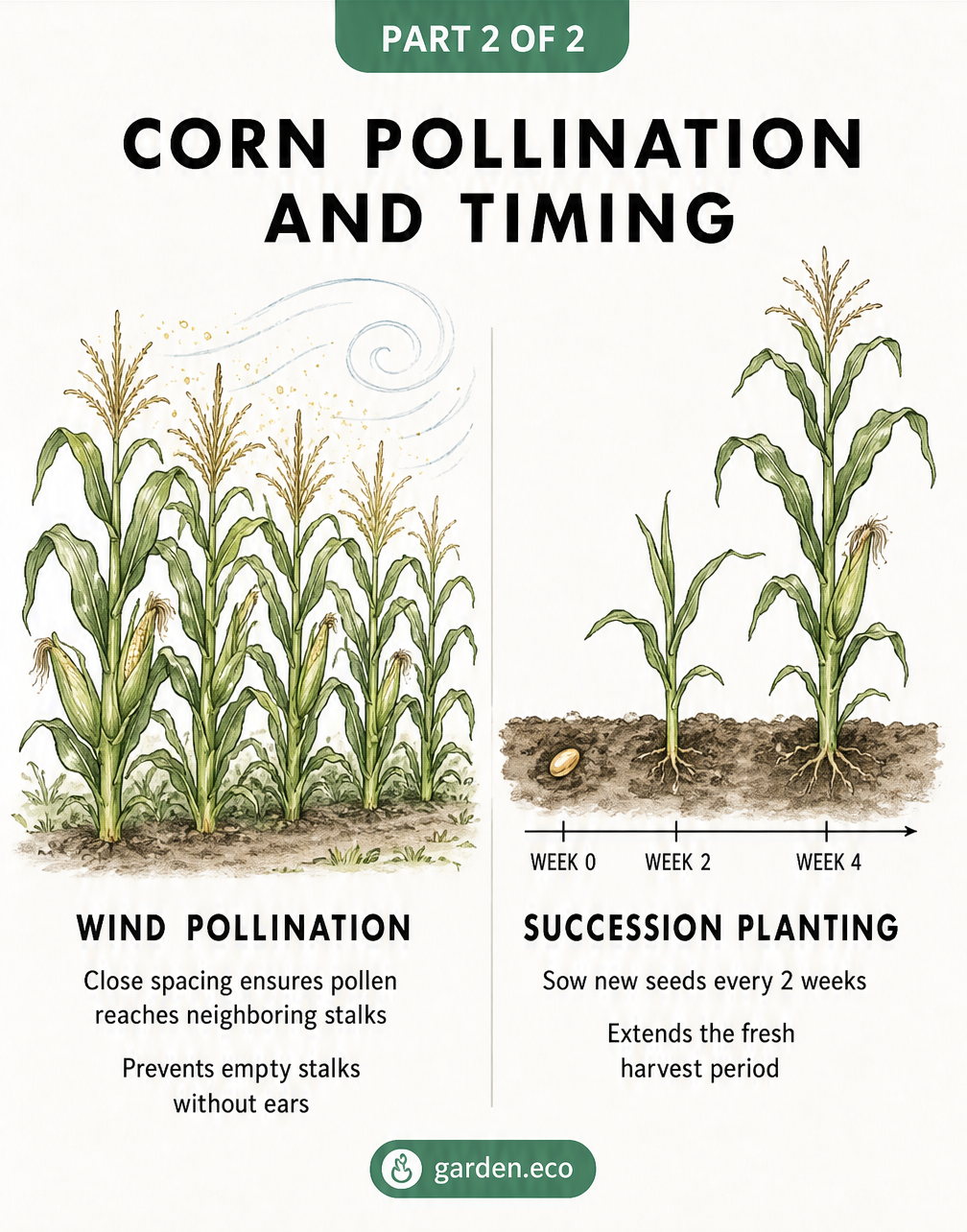 Illustration demonstrating wind pollination between closely spaced corn stalks and a timeline for succession planting.