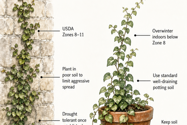 Botanical illustration showing creeping fig growing conditions outdoors on a stone wall and indoors in a terracotta pot.