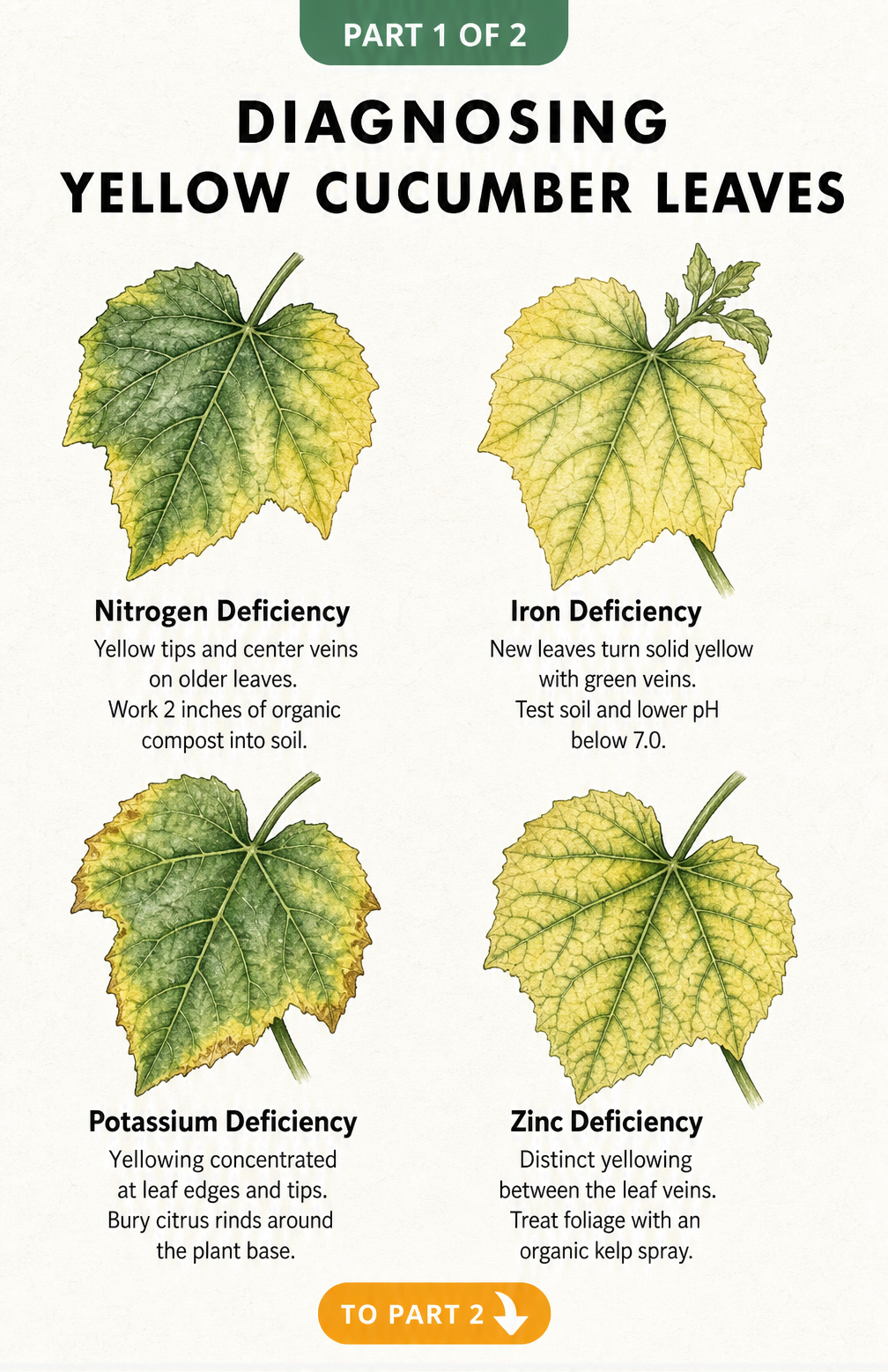 Illustration of four cucumber leaves showing signs of nitrogen, iron, potassium, and zinc deficiencies with organic solutions