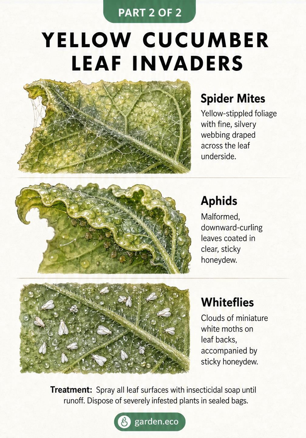 Close-up illustrations of cucumber leaves infested with spider mites, aphids, and whiteflies