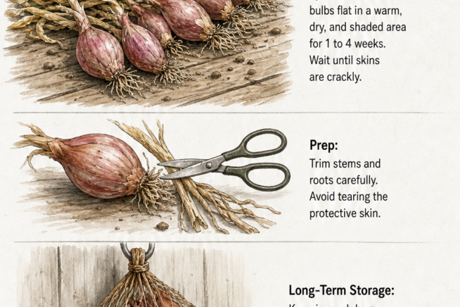 Illustration showing the process of curing shallots on a wooden surface, trimming roots, and storing them in a mesh bag