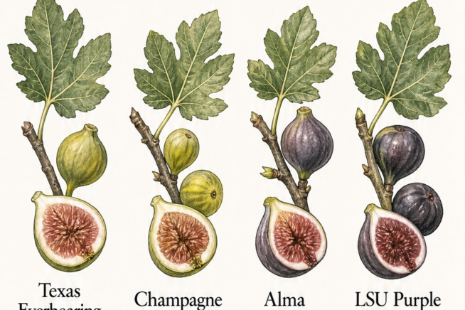 Illustrations of four disease-resistant fig varieties: Texas Everbearing, Champagne, Alma, and LSU Purple