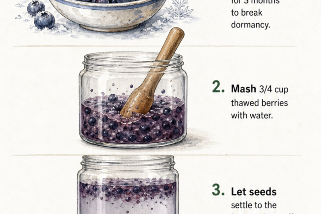 Botanical illustration showing four steps to extract blueberry seeds: freezing berries, mashing with water, separating pulp, and drying seeds on paper towels.