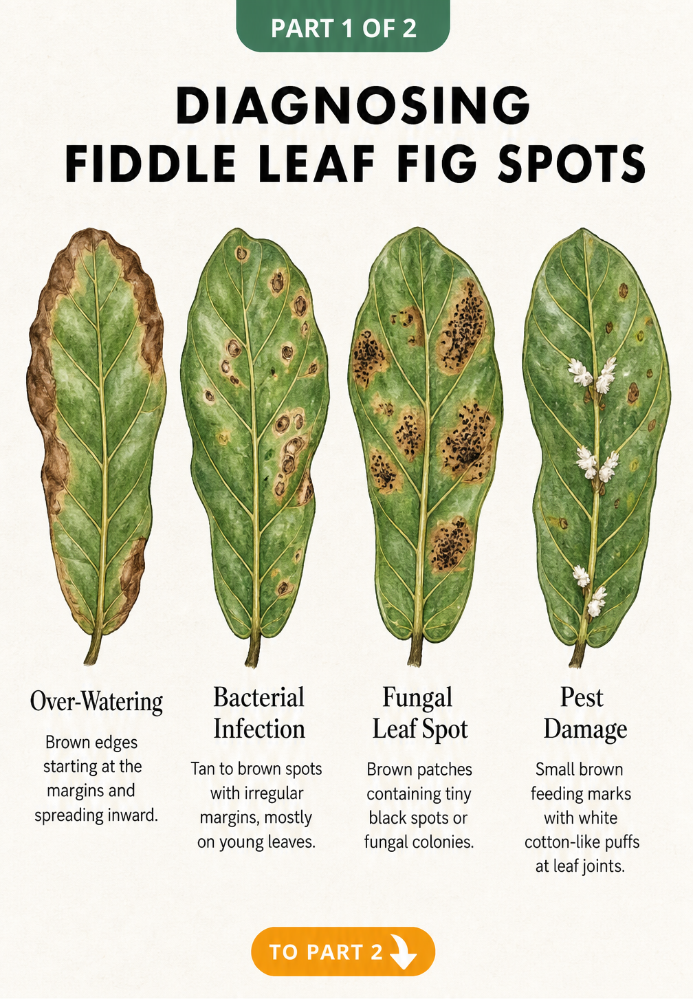 Four hand-drawn botanical illustrations showing fiddle leaf fig leaves with over-watering, bacterial infection, fungal leaf spot, and pest damage.