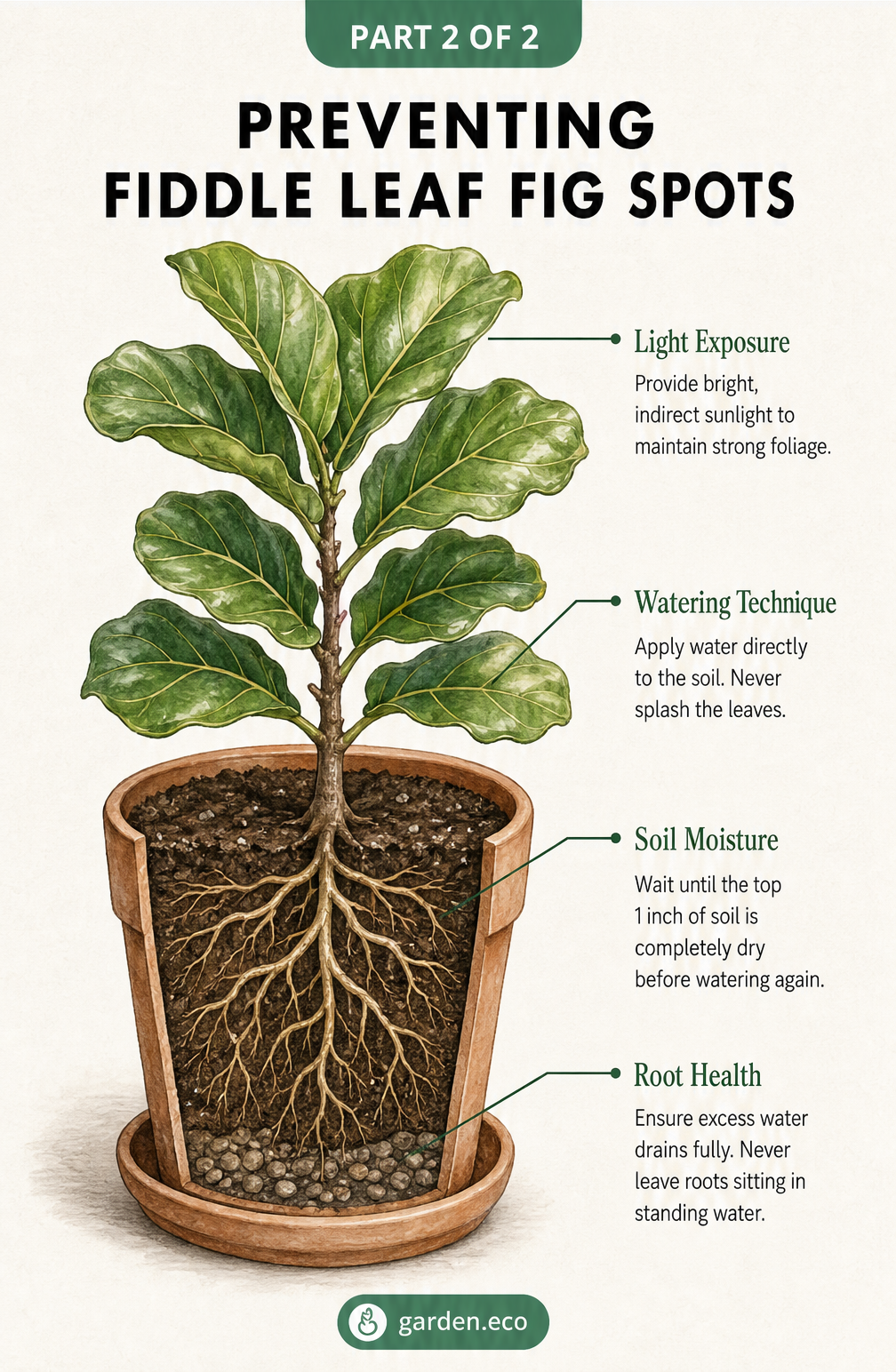 Botanical cross-section illustration of a fiddle leaf fig in a terracotta pot showing roots, soil layers, and healthy leaves with care instructions.