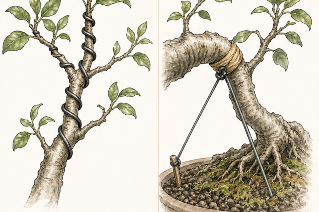Botanical sketch demonstrating how to wire thin branches and use guy-wires for large branches on a fig bonsai