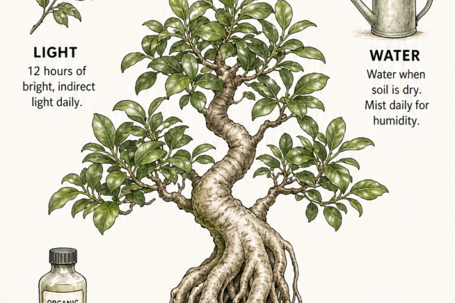 Illustration of a Ficus Ginseng bonsai showing care requirements for light, water, fertilizer, and soil