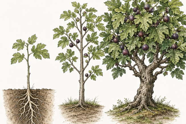 Botanical illustration showing the three growth stages of a fig tree from root establishment to peak production.