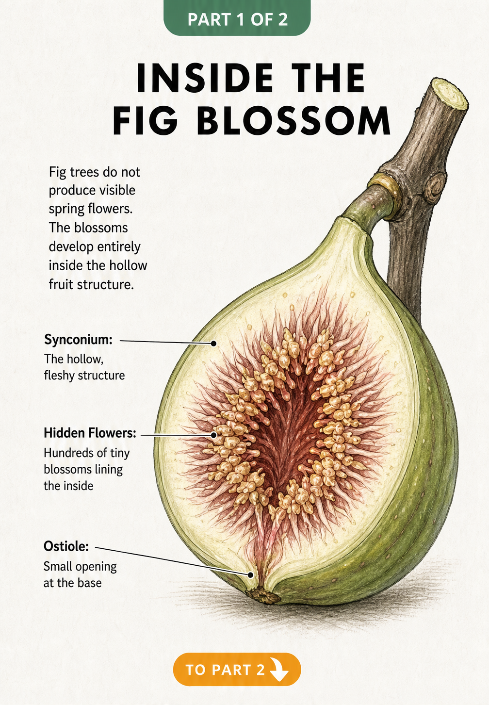 Botanical illustration showing a cross-section of an unripe fig with internal blossoms, synconium, and ostiole labeled.