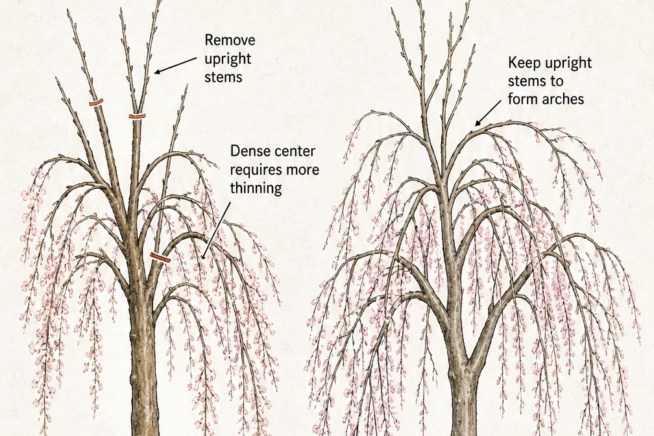 Illustration comparing a grafted weeping cherry tree with a conspicuous knot to a natural weeping cherry tree with a smooth trunk.