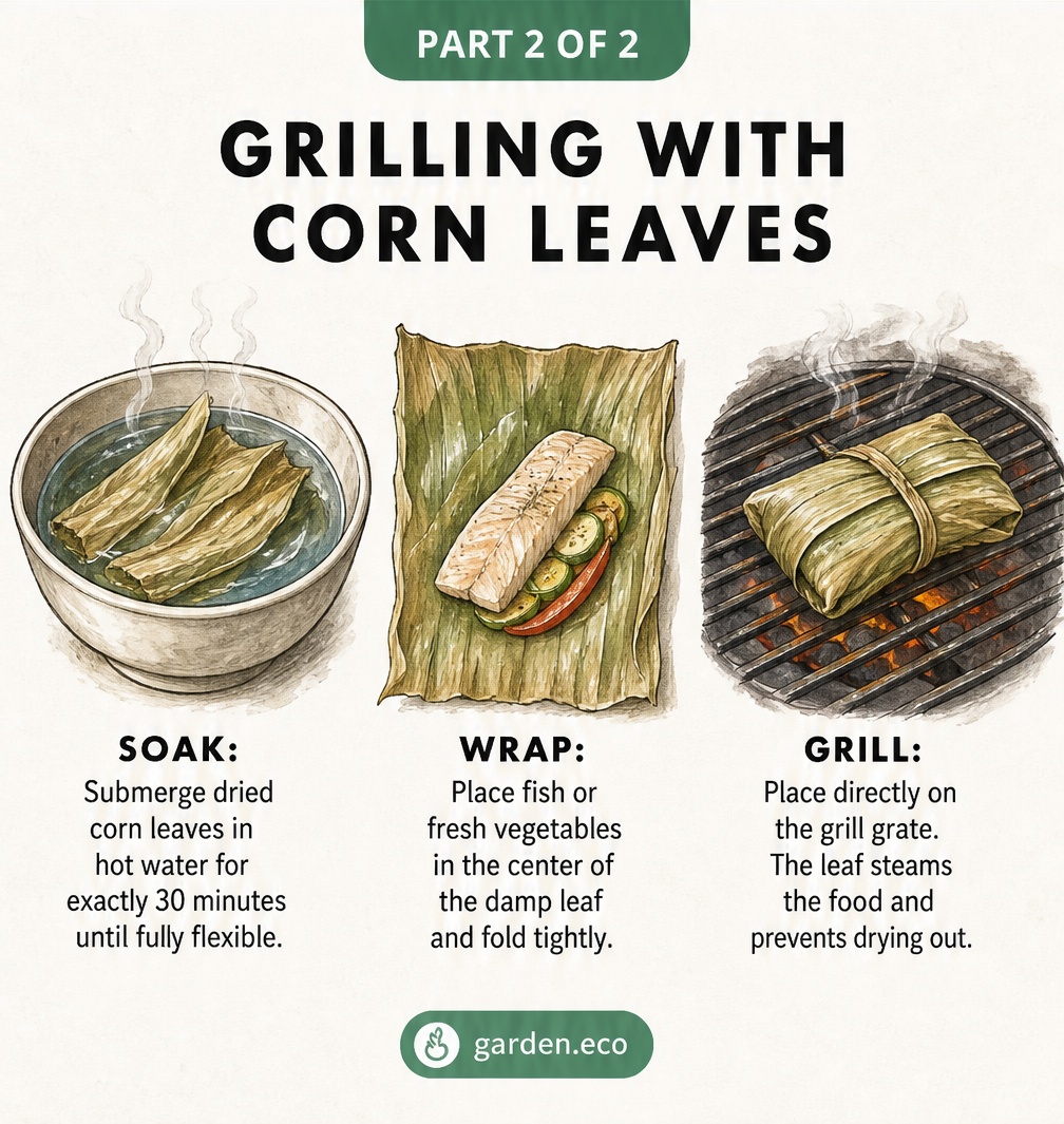Three-step illustration showing how to soak, wrap, and grill food using corn leaves.