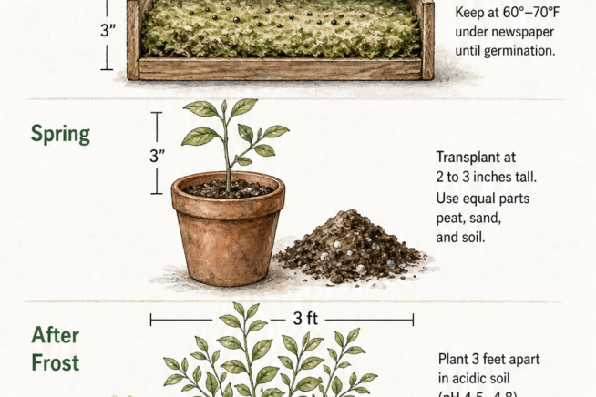 Botanical illustration showing the three stages of growing blueberries from seed: indoor sowing in winter, potting up seedlings in spring, and outdoor planting...