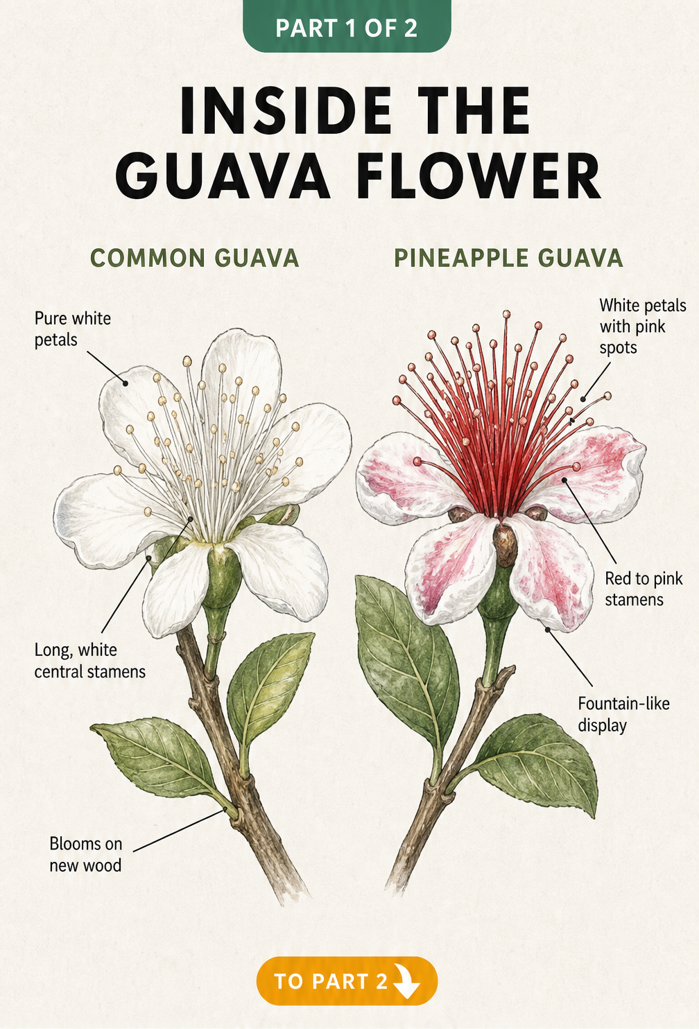 Botanical illustration comparing the pure white petals of a common guava flower with the pink-spotted petals of a pineapple guava flower.