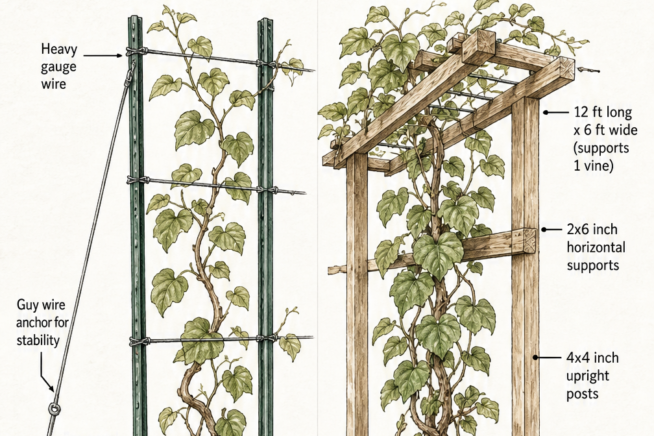 Illustration comparing a T-post wire trellis and a wooden arbor for supporting hardy kiwi vines.