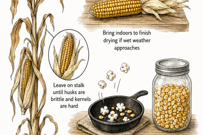 Step-by-step illustration on harvesting and drying popcorn, including leaving it on the stalk, the pop test, and storing in airtight containers.