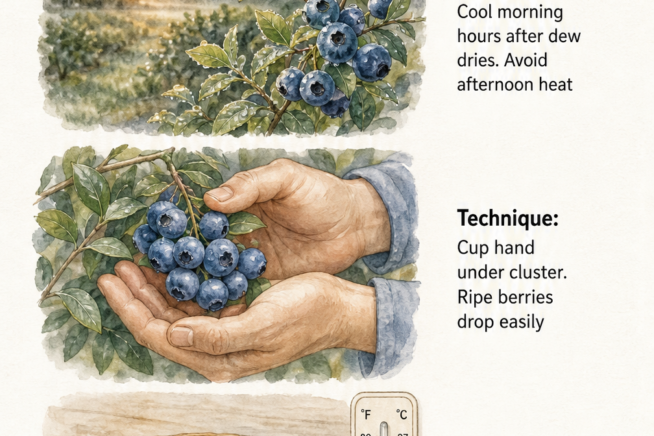 Illustrated guide showing the best timing, hand technique, and storage temperature for harvesting fresh blueberries