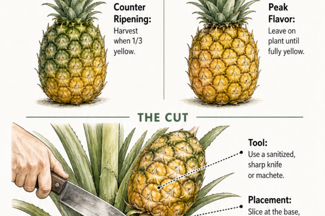 Illustration showing when to harvest a pineapple based on color and how to cut it at the base with a sharp knife.