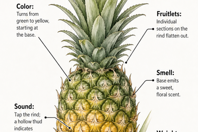 Botanical illustration of a ripening pineapple showing how to check for ripeness using color, fruitlets, smell, sound, and weight.