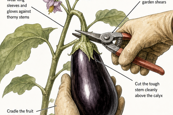 Detailed illustration showing a gardener wearing gloves, gently cradling an eggplant and cutting the stem above the calyx with garden shears.
