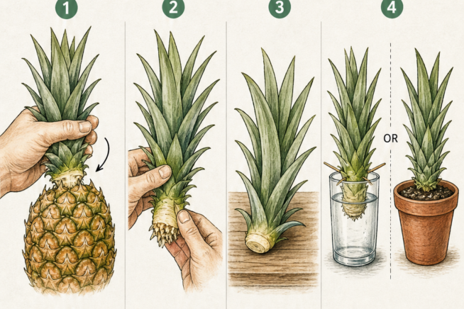 Four hand-drawn botanical illustrations showing how to root a pineapple crown by twisting off the top, peeling lower leaves, hardening off, and sprouting in...