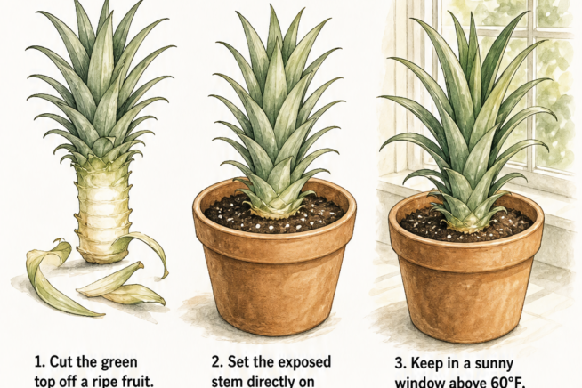Three-step illustration showing how to root a pineapple top by cutting the crown, placing it on potting soil, and growing it in a sunny window.