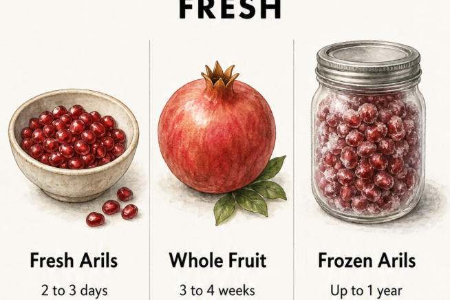 Illustration showing how to store pomegranates: fresh arils for 2-3 days, whole fruit for 3-4 weeks in the fridge, and frozen arils for up to 1 year.