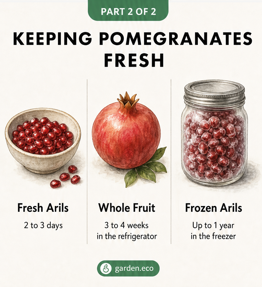 Illustration showing how to store pomegranates: fresh arils for 2-3 days, whole fruit for 3-4 weeks in the fridge, and frozen arils for up to 1 year.
