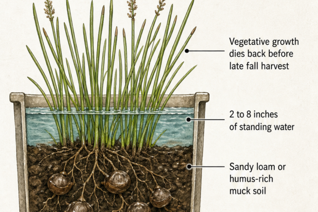 Cross-section illustration showing how water chestnuts grow in standing water and muck soil