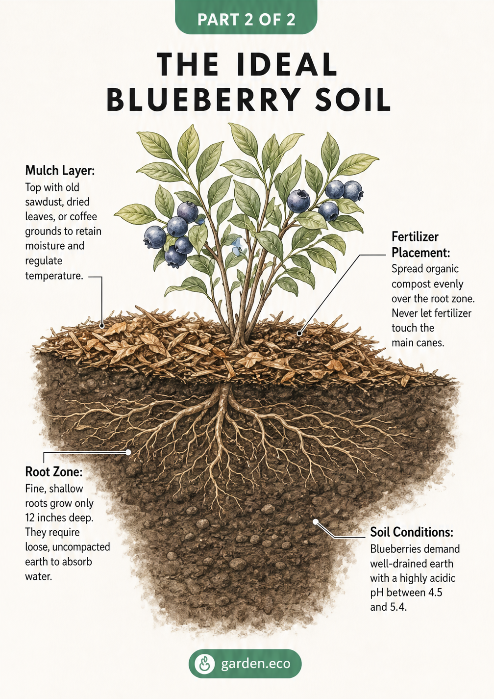 Cross-section illustration of a blueberry bush showing the shallow root zone, mulch layer, and proper fertilizer placement in acidic soil.