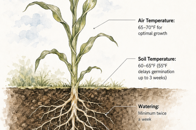 Cross-section illustration of a corn plant showing optimal sunlight, temperature, watering, and feeding conditions.
