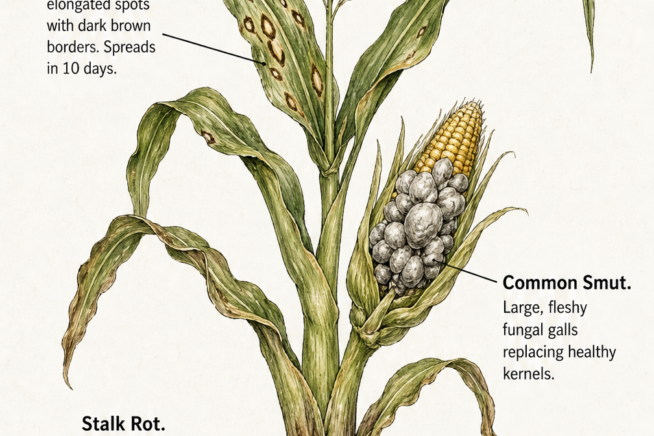 Botanical illustration showing three common fungal corn diseases: Southern Corn Leaf Blight on leaves, Common Smut on the ear, and Stalk Rot at the base.
