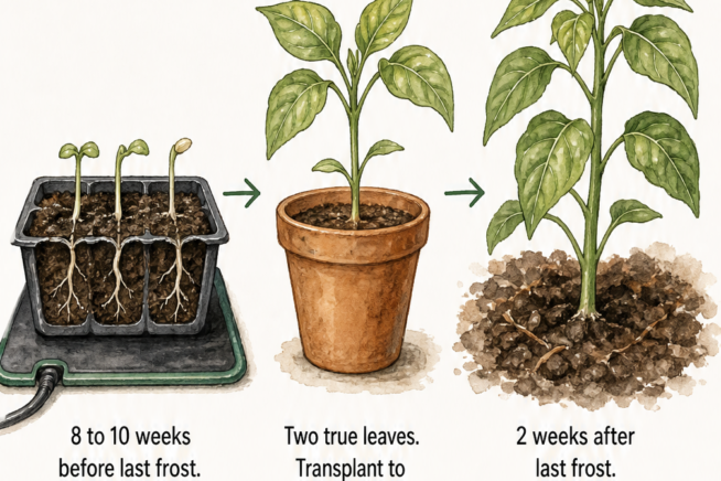 Timeline illustration of indoor pepper seed starting, from a heated seed tray to a potted seedling, and finally transplanting outdoors.