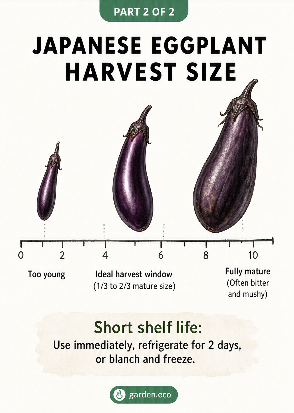 Scale showing Japanese eggplant harvest sizes from too young at 2 inches to fully mature at 10 inches.