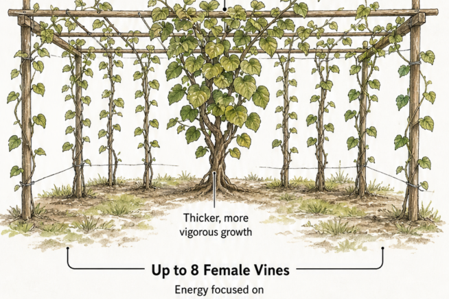 Schematic top view of a garden trellis showing one male kiwi vine surrounded by up to eight female kiwi vines for optimal pollination.