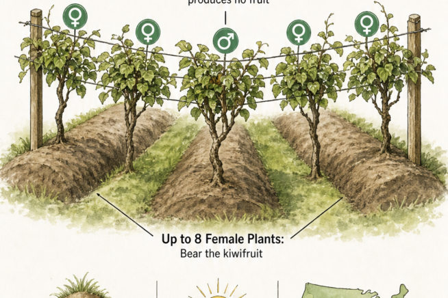 Isometric garden layout showing one male kiwifruit plant surrounded by several female plants on a continuous wire trellis.