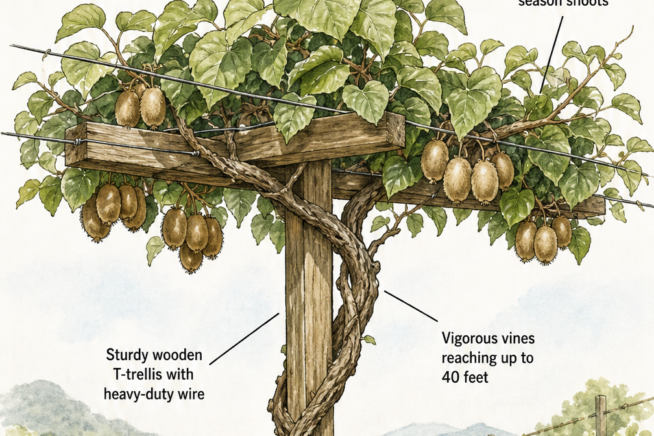 Botanical illustration of a mature kiwifruit vine growing on a sturdy wooden T-trellis, showing its thick trunk and heavy canopy.