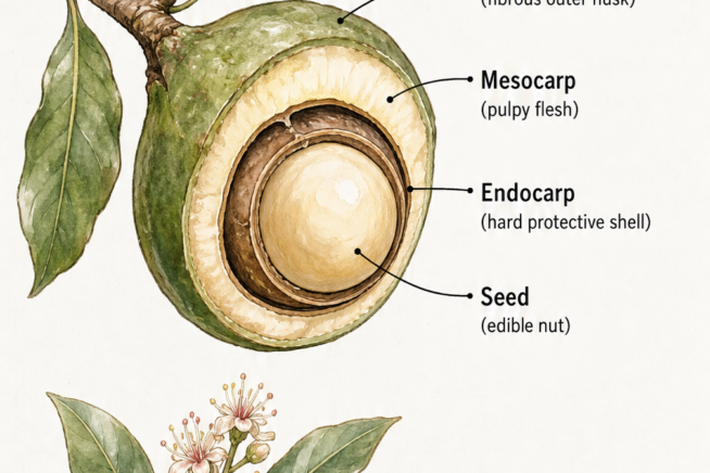 Botanical illustration showing the anatomy of a macadamia nut, including the exocarp, mesocarp, endocarp, and edible seed.