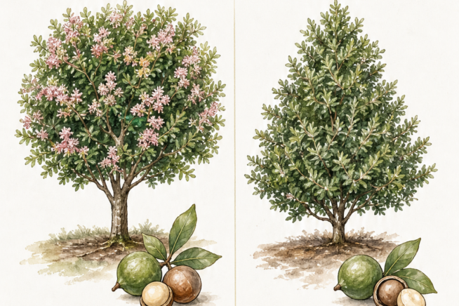 Comparison of Beaumont and Vista macadamia tree varieties, showing tree shape, harvest times, and yield.